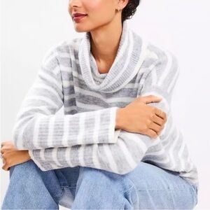 LOFT Women's Striped Gray and White Striped Cowl Neck Sweater Preppy Nautical